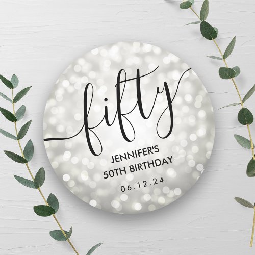 Script Silver Glitter Lights 50th Birthday  Classic Round Sticker