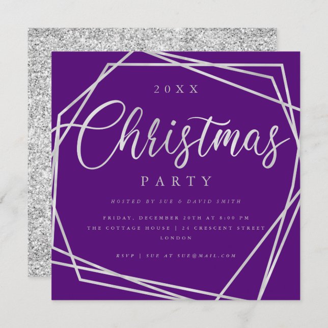 Script Silver Purple Glitter Christmas Party Invitation (Front/Back)