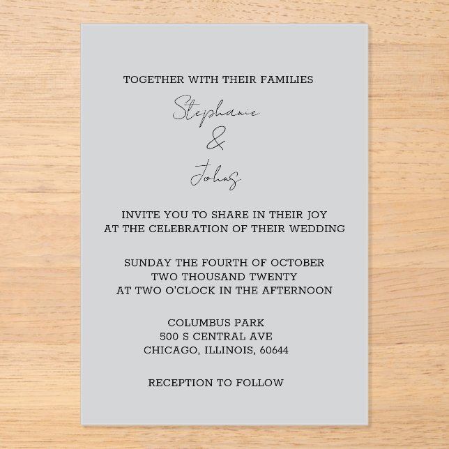 Script Simple Grey Gray Elegant Minimal Wedding Acrylic Invitations (Front)