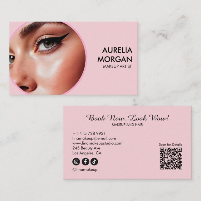 Script Social Icon QR Code Photo makeup Artist Business Card (Front/Back)