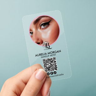 Script Social Icon QR Code Photo makeup Artist Clear Business Cards