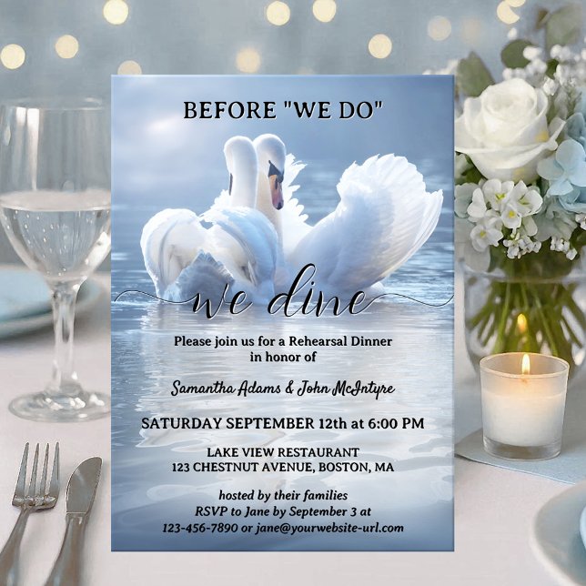Script Swan Lake Wedding Rehearsal Dinner Invitation (Romantic Wedding Rehearsal Dinner invitation featuring two swans in love on a sunlit lake.)