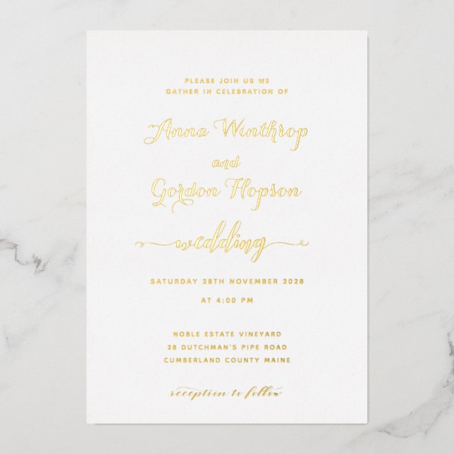 Script Swash Calligraphy Wedding Gold Foil Invitation (Front)