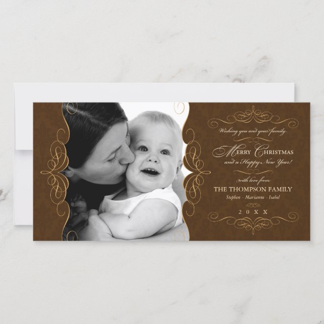 Script Swirls Country Brown Christmas photo card (Front)