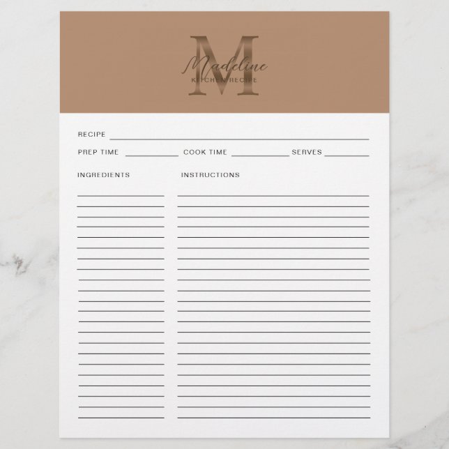 Script Taupe Metallic Gold Monogram Recipe (Front)