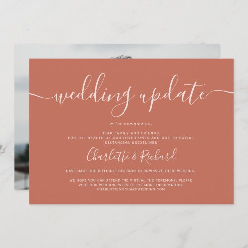 Script terracotta wedding downsizing photo announcement