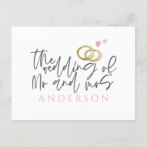 Script text and wedding rings announcement postcard