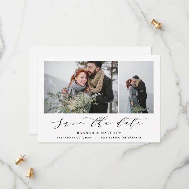 Script text photo elegant modern wedding save the date (Front/Back In Situ)
