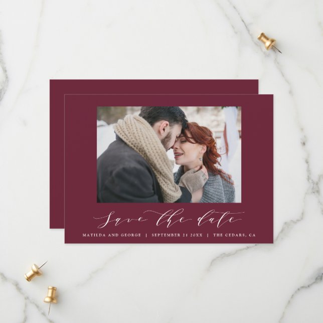 Script text photo elegant modern wedding save the date (Front/Back In Situ)