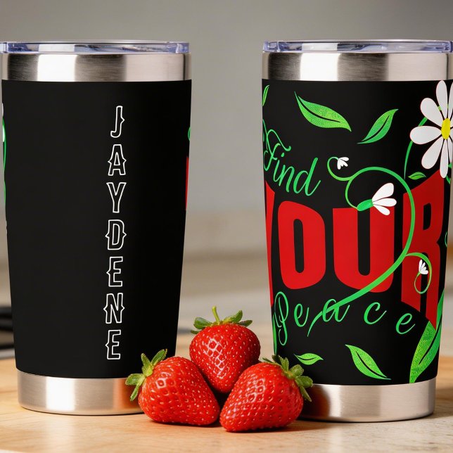 Script Text With Vines And Flowers Insulated Tumbler (Affirmation thermal mug with daisies and custom name area. Cute and different.)