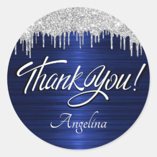 Script Thank You Birthday Silver Glitter Blue Classic Round Sticker