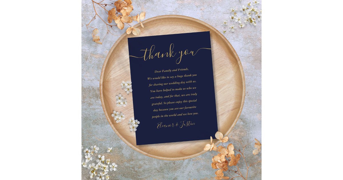 Script Thank You Navy Blue Gold Wedding Place Card | Zazzle