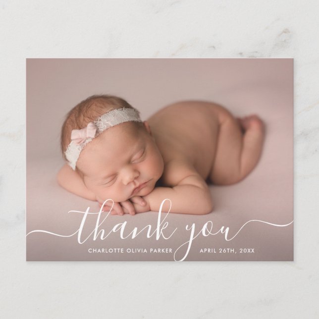 Script Thank you Photo Overlay Baby Birth Announcement Postcard (Front)