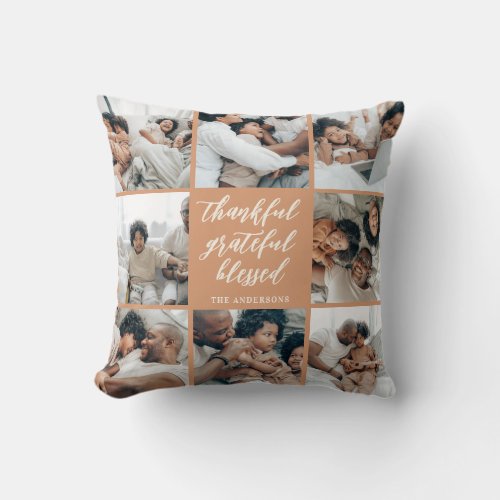 Script Thankful Grateful Blessed Family 8 Photo  Throw Pillow
