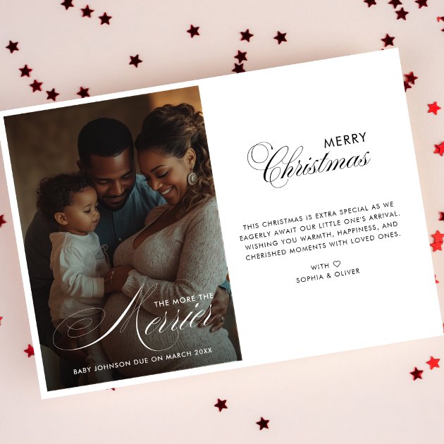 Pregnancy christmas card - Pink Dramatic personalized gifts for you Script the more the merrier christmas pregnancy holiday card