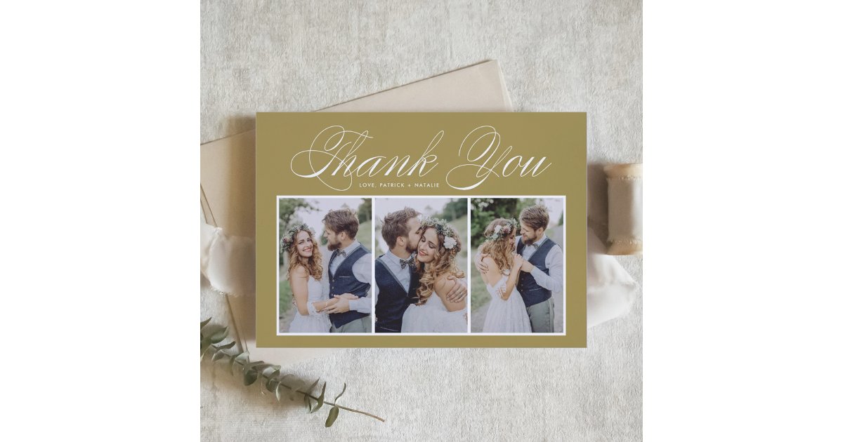 Script Three Photo Collage Gold Wedding Thank You Card | Zazzle