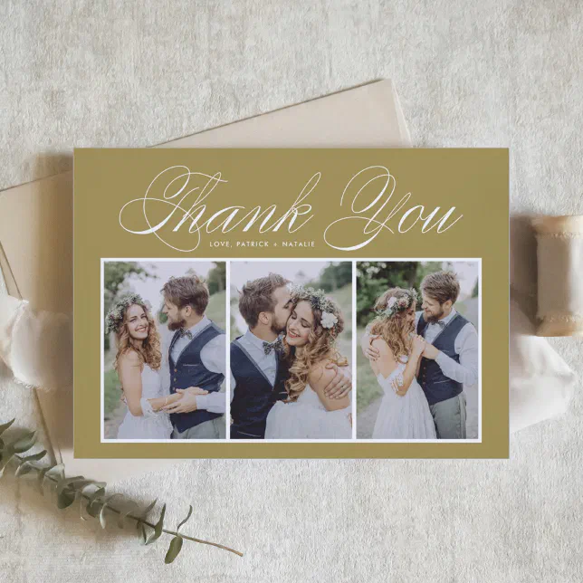 Script Three Photo Collage Gold Wedding Thank You Card | Zazzle