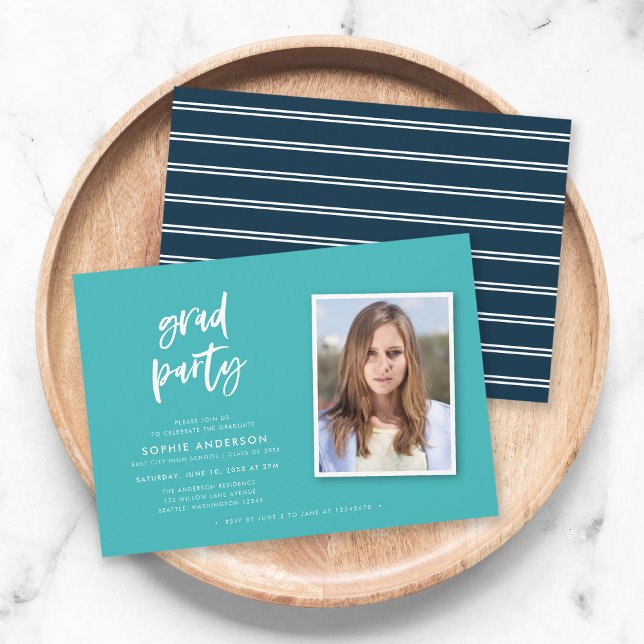 Script Turquoise and Blue Photo Graduation Party Invitation (Creator Uploaded)