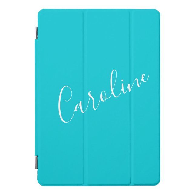 Script Turquoise Solid Color Personalized Name iPad Pro Cover (Front)