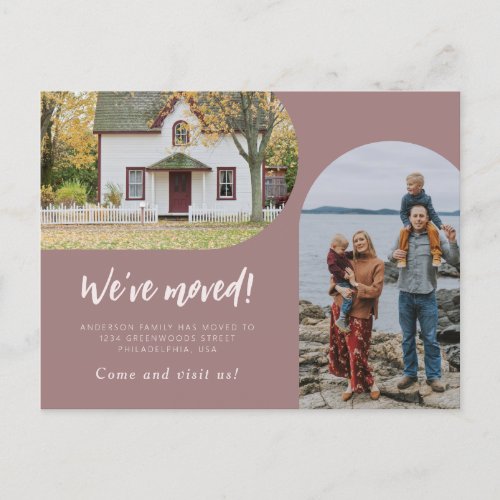 Script Two Arch Photo Weve Moved Dusty Rose Announcement Postcard