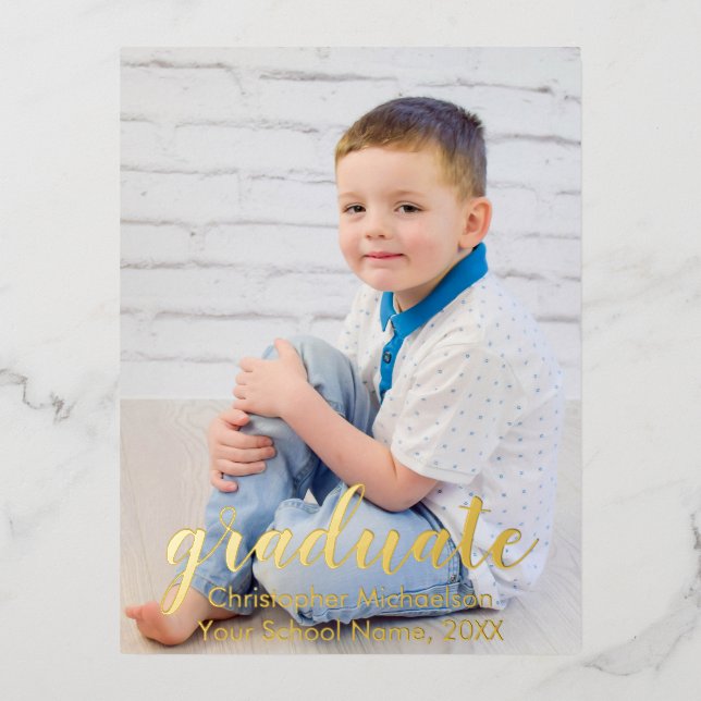Script Two Photo Graduation Foil Invitation Postcard (Front)