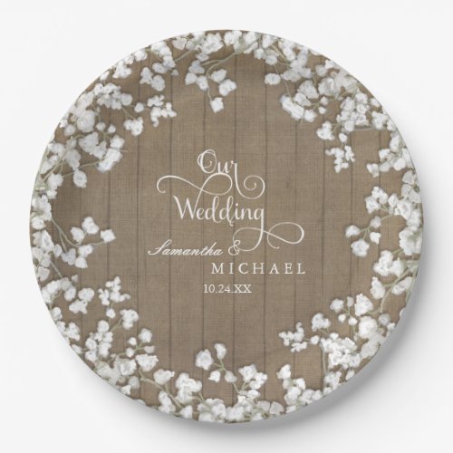 Script Typography Country Western Babys Breath Paper Plates