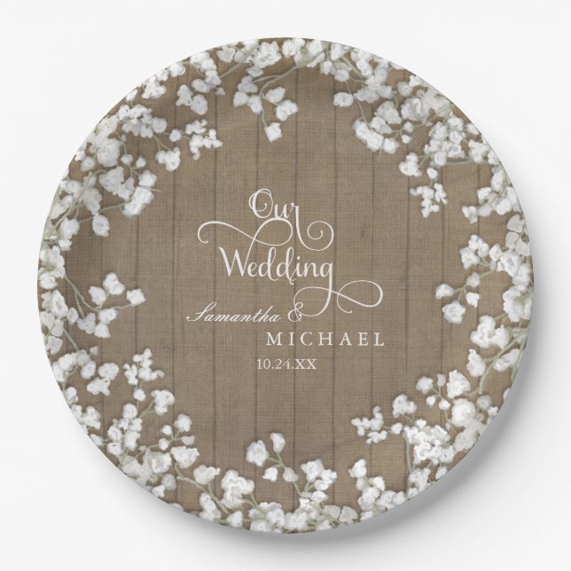 Script Typography Country Western Baby's Breath Paper Plates (Front)