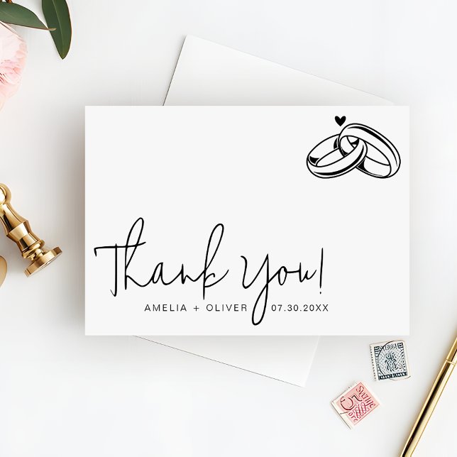 Script Typography Couple Rings Modern Wedding Thank You Card (Creator Uploaded)