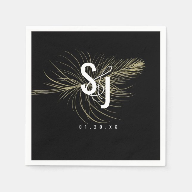 Script Typography Faux Gold Feather Bohemian Napkins (Front)
