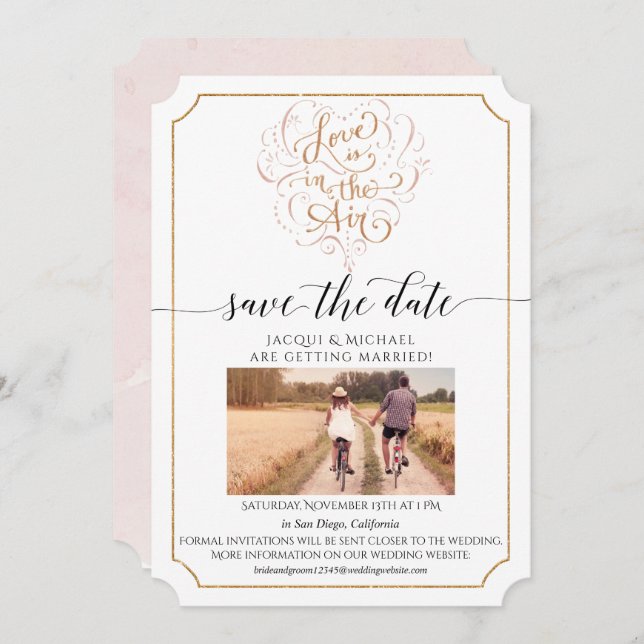 Script Typography Love in Air Gold Save the Date Invitation (Front/Back)