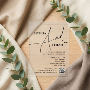 Script Typography Minimalist QR Code Wedding Acrylic Invitations
