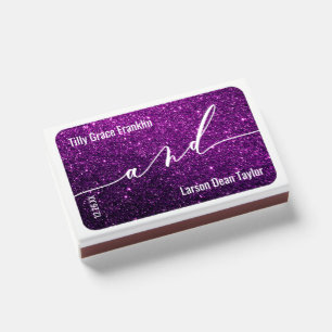 Script Typography over Purple Glitter Metallic Matchboxes