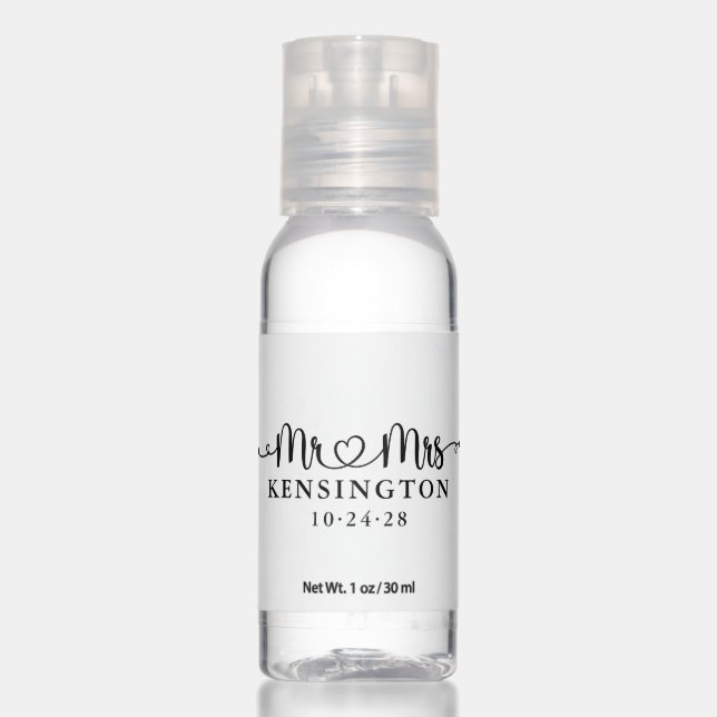 Script Typography Personalized Mr Mrs Wedding Hand Sanitizer (Front)