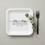 Script Typography Personalized Mr Mrs Wedding Paper Plates<br><div class="desc">Script Wedding Heart Arrows Mr Mrs Wedding Paper Plates personalized with the happy couple's last name,  & wedding date! Easy to customize for the perfect addition to your wedding reception,  anniversaries,  first Christmas,  engagement,  etc. Please contact us at cedarandstring@gmail.com if you need assistance with the design or matching products.</div>