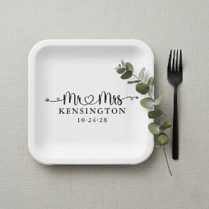 Script Typography Personalized Mr Mrs Wedding Paper Plates