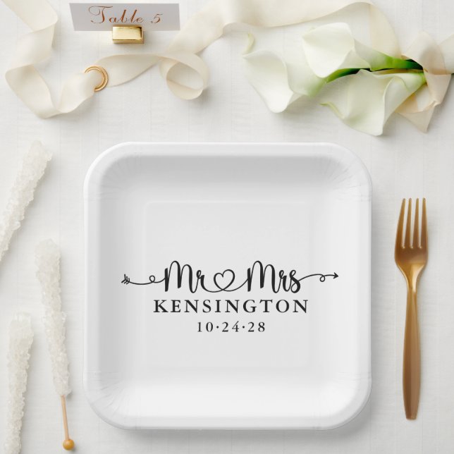 Script Typography Personalized Mr Mrs Wedding Paper Plates (Wedding)