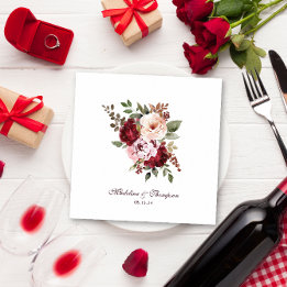 Script Watercolor Burgundy Red Floral Wedding Napkins