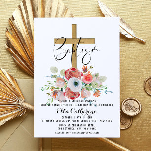 Script Watercolor Floral Cross Baptism Invitation