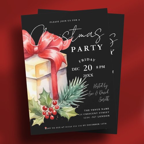 Script Watercolor Gift Xmas Holiday Party Black Invitation