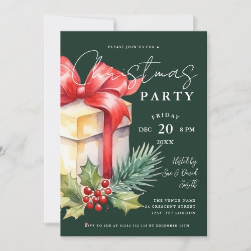 Script Watercolor Gift Xmas Holiday Party Green  Invitation