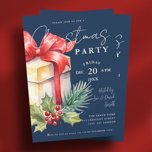 Script Watercolor Gift Xmas Holiday Party Navy  Invitation