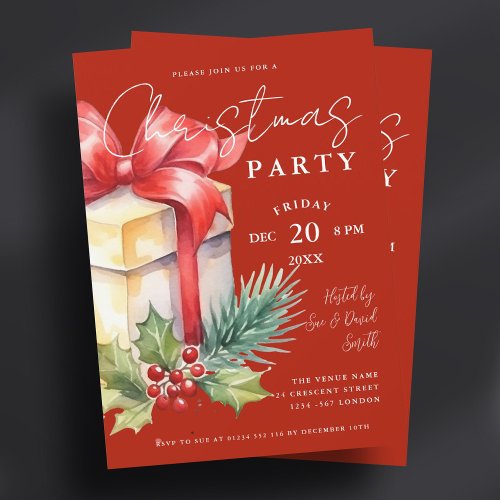 Script Watercolor Gift Xmas Holiday Party Red  Invitation
