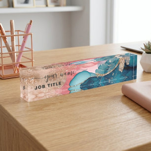 Script Watercolor iridescent Blush pink Desk Name Plate