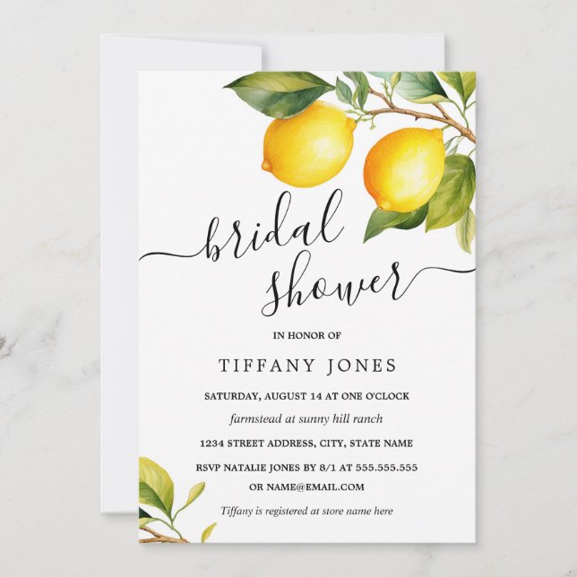 Script Watercolor Lemon Bridal Shower  Invitation (Front)