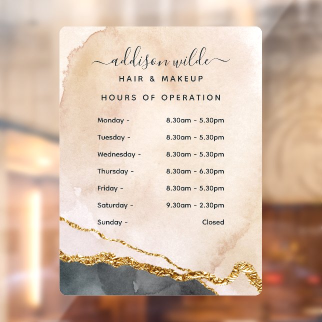 Script Watercolor Pink Black Gold Business Hours Window Cling (Sheet 2)
