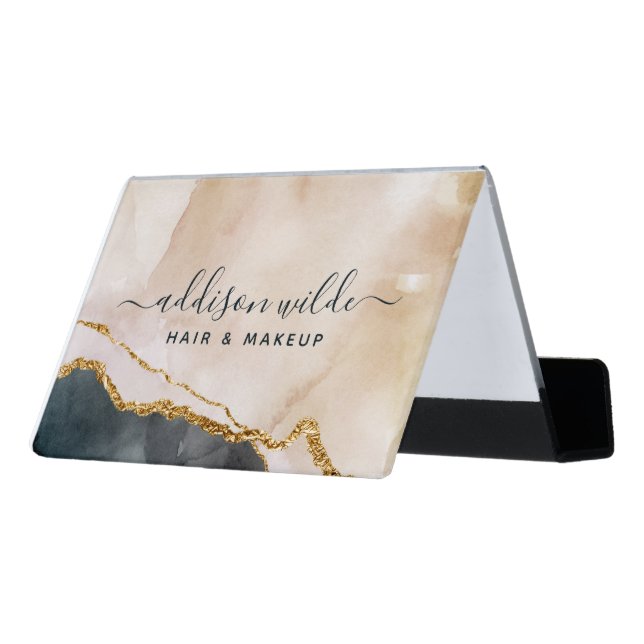 Script Watercolor Pink Black Gold Marble Business Desk Business Card Holder (Angled Back)