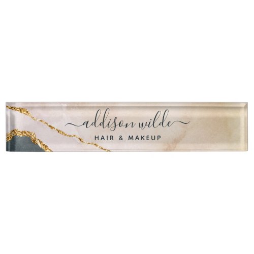 Script Watercolor Pink Black Gold Marble Business Desk Name Plate