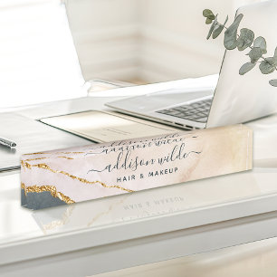 Script Watercolor Pink Black Gold Marble Business Desk Name Plate