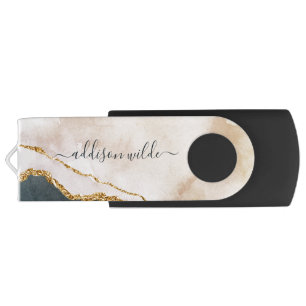 Script Watercolor Pink Black Gold Marble Business Flash Drive
