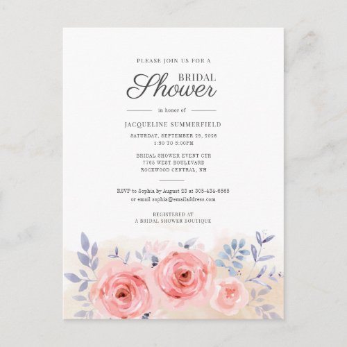 Script Watercolor Pink Roses Floral Bridal Shower Invitation Postcard